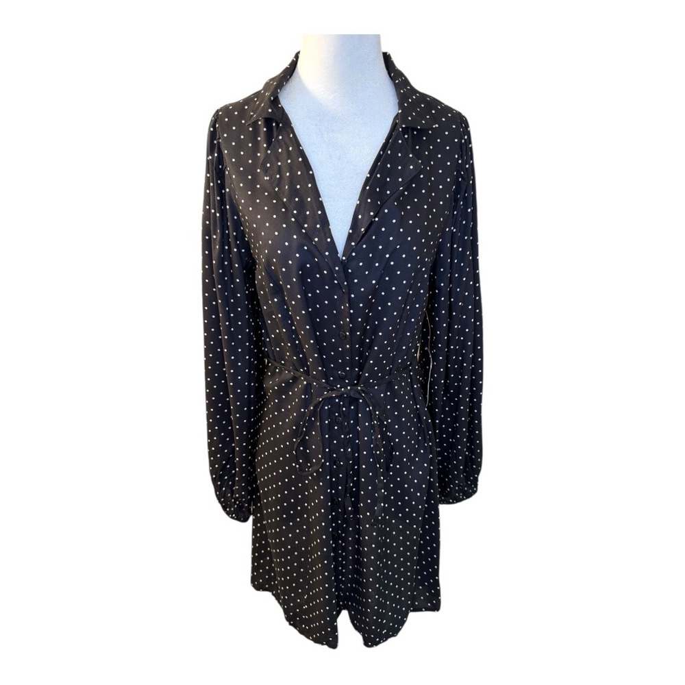 Miss Selfridge Polka Dot Dress Long Sleeve Tie Waist Black Size US 6